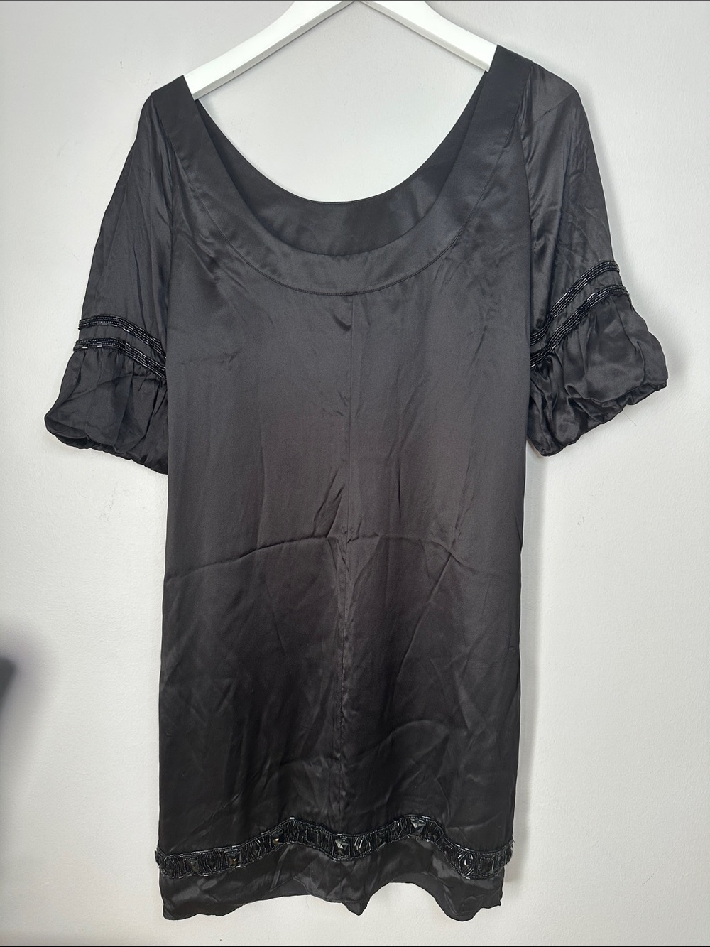 Black Silk Short Sleeve Dress size 4 beaded sleeve and hem
